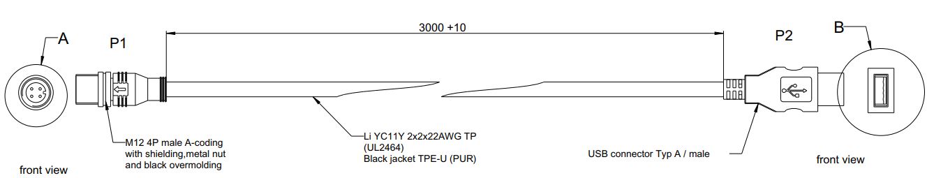 Kabel M12 Usb Mannelijk Type A 3M
